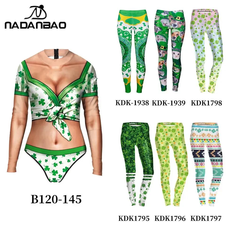 Nadanbao Shamrock Stripe Print Pants Set St. Patrick's Day Clover Leggings Women's Long Sleeves Swimsuit Mid Waist Yoga Trousers