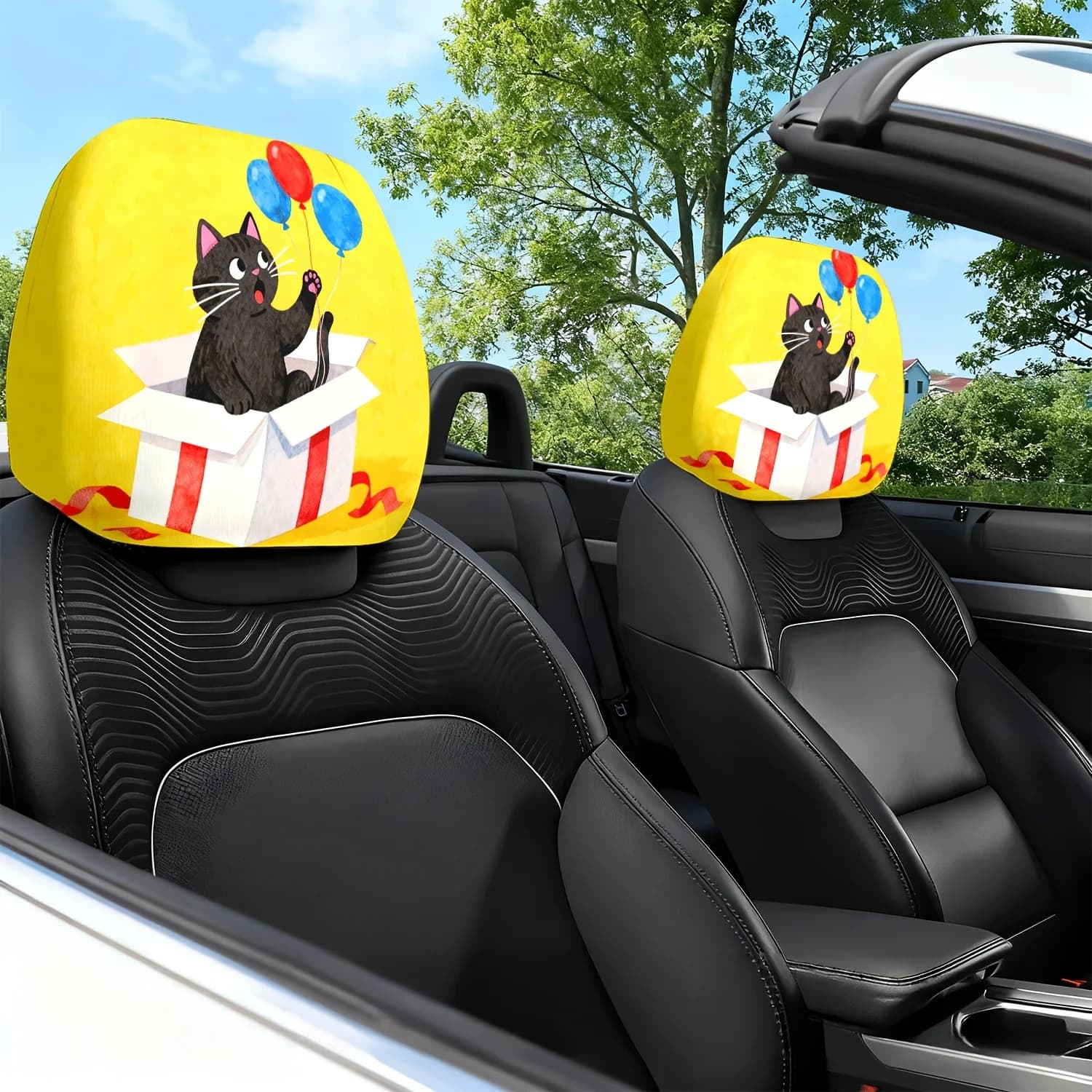 2 copri poggiatesta per auto con motivo a gatto nero e scatola regalo a forma di palloncino, adatti per cuscini per sedili auto, H