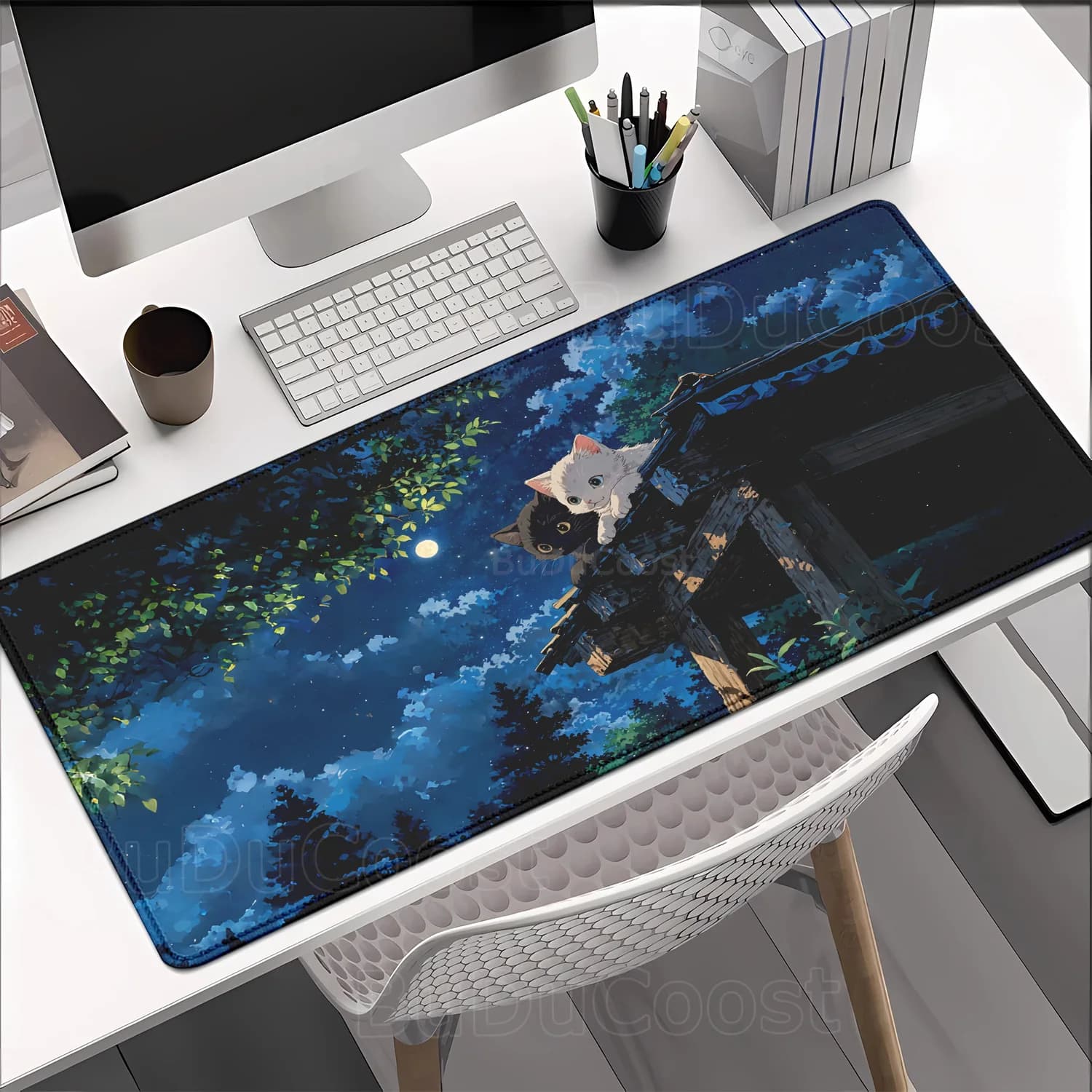 Kawaii Nero bianco gatto luna Mousepad Xxl Anime Pc Gamer Cabinet Tappeto per tastiera Computer Ufficio da gioco Accessori Tappetino da scrivania HD