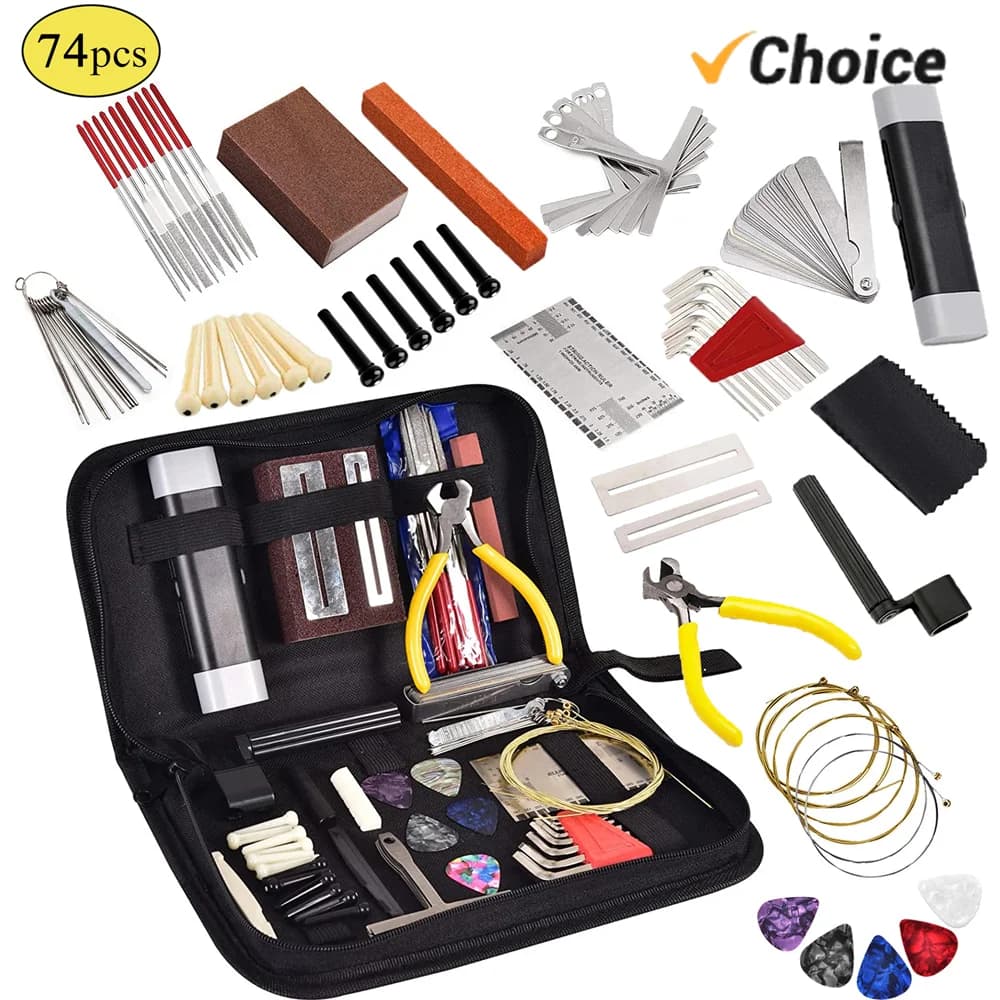 74pcs Kit di attrezzi per chitarra con borsa per il trasporto strumenti di riparazione righello per azione a corda lima per Luthier perni per ponte per chitarra Ukulele