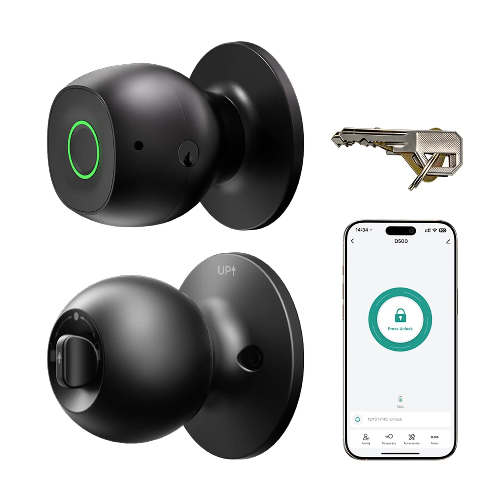 Serratura per porta con impronta digitale, serratura intelligente per ingresso senza chiave, manopole biometriche con controllo tramite app e chiavi di riserva per camera da letto, casa, appartamento, ufficio, batteria sostituibile (non inclusa)