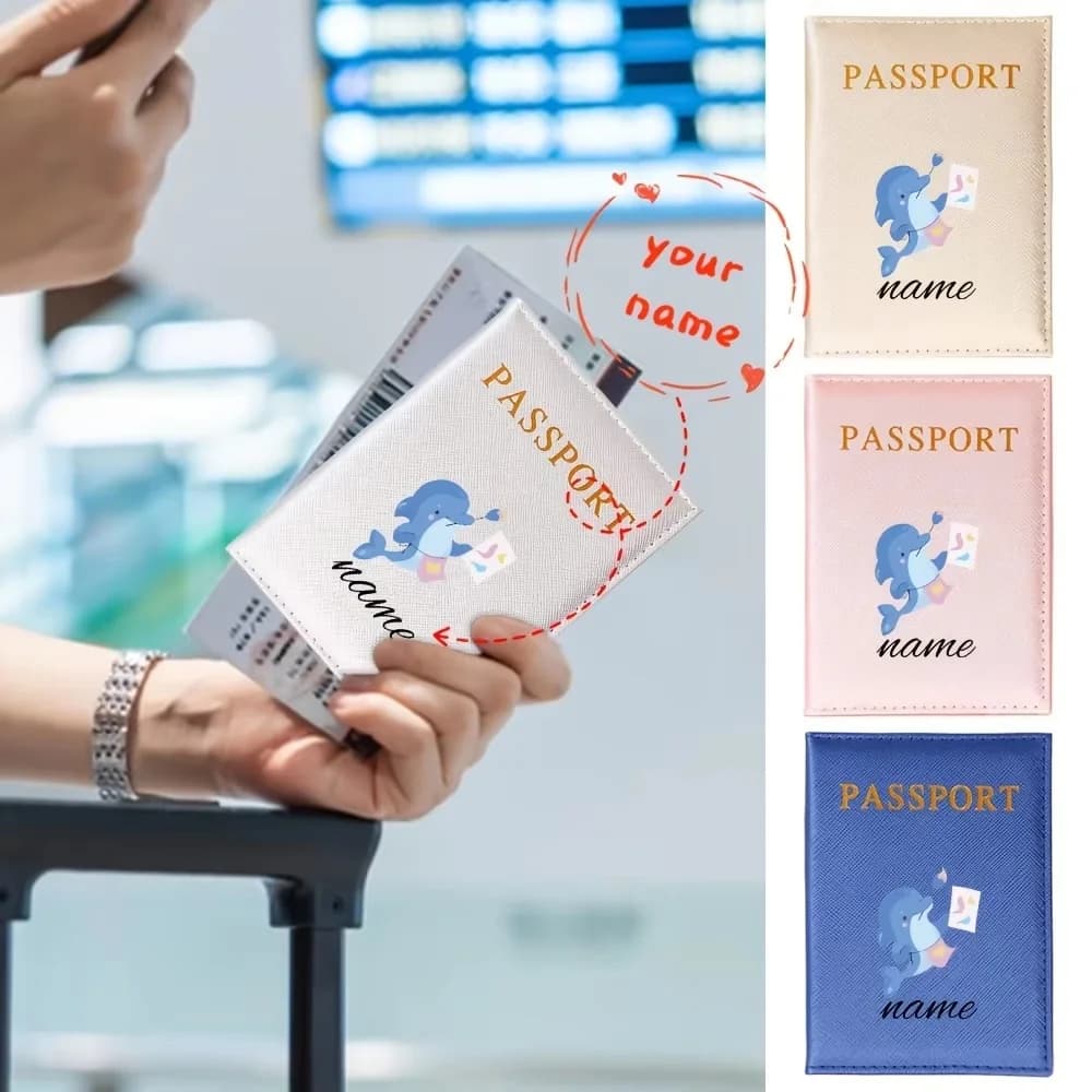 Dolphin Personalized Name PU Passport Holder, Foldable Travel ID Card Organizer, Portable Travel Accessory for Men & Women