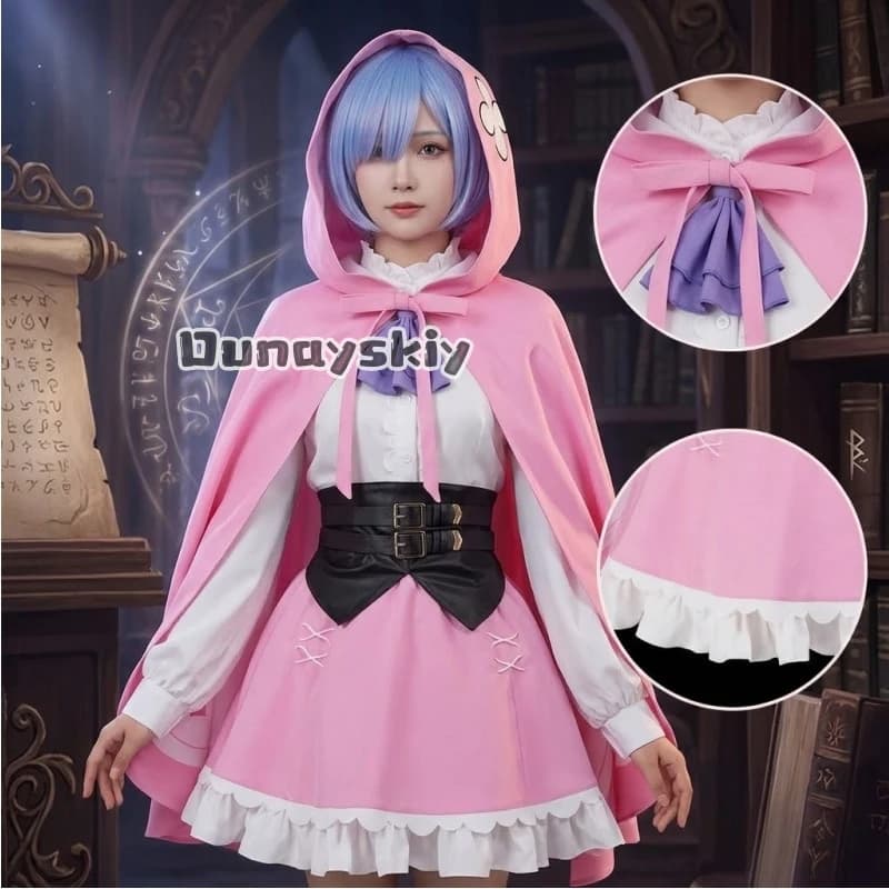 LWW08*Re:Zero Starting Life Ram Rem Costume da Cameriera con Parrucca, Mantello Rosa, Gonna e Copricapo per Halloween e Carnevale - Cosplay in un altro mondo