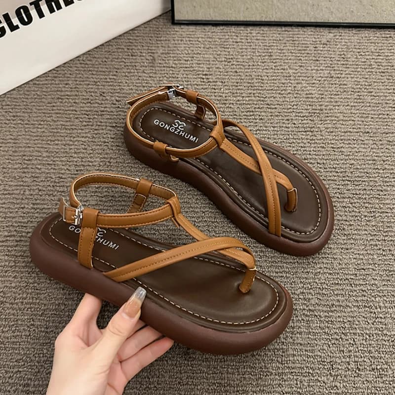 Women's Sandals Summer New Head Round Flat Set Thin Point Strap Buckle Slippers Casual Comfortable Wear Resistant Non-slip Sandals