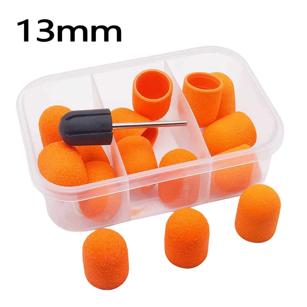 Set di 15 Cappucci Abrasivi per Unghie da 13mm con 1 Mandrino per Lima per Piedi, Manicure, Pedicure, Lucidatura Unghie, Uso Domestico e Professionale