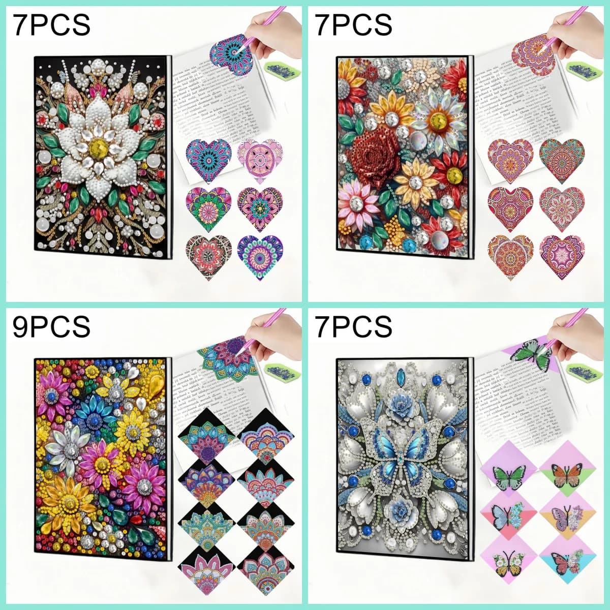 7/9 Pieces, 1 Piece set of Diamond painting Notebook + 6/8 Pieces of Bookmarks, flowers, Mandala pattern, PU leather, Sketchbook