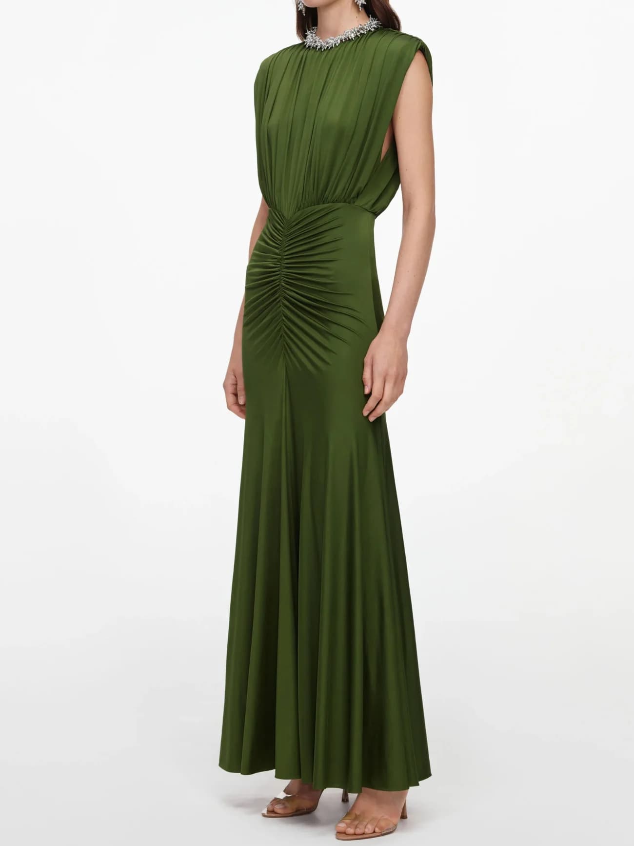 Women Green Maxi Dress Back Hollow Out O-Neck Sleeveless Pleated High Waist Elegant Ladies Robe