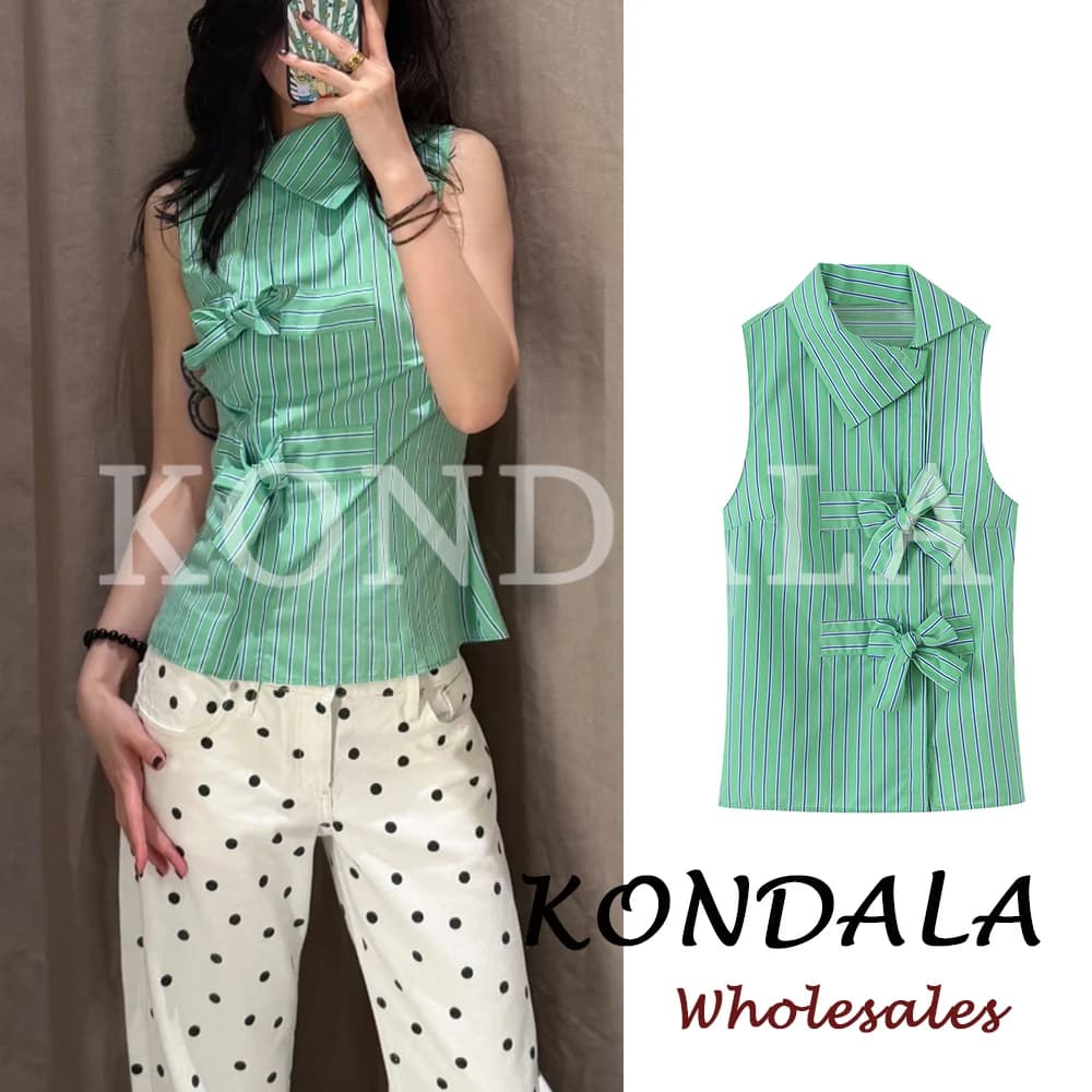 KONDALA Chic Top a Righe Verdi Y2K da Spiaggia per Donna, Moda Estiva 2026, con Fiocchi, Canotta Casual Streetwear Femminile Monopetto