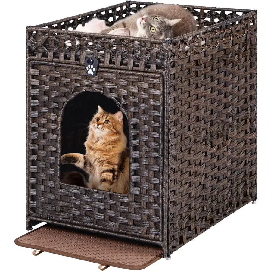 Mobili per lettiera per gatti nascosti con tappetino per lettiera, mobili per bagno per gatti nascosti con anta, toilette per gatti in rattan intrecciato a mano