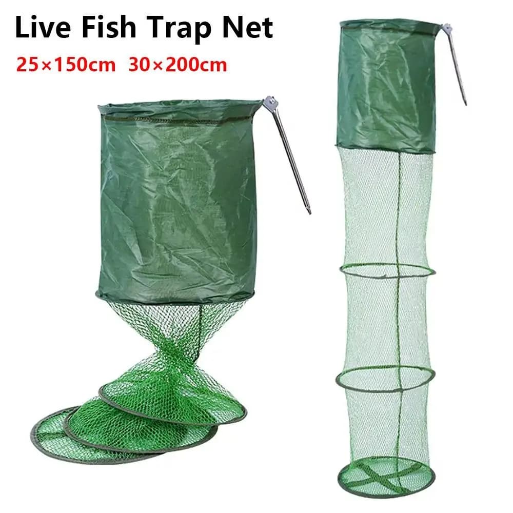 1Pcs 30x200cm Fish Cage Steel SUS Ring Nylon Mesh Fish Basket Quick Drying Folding Collapsible Live Fish Trap Net