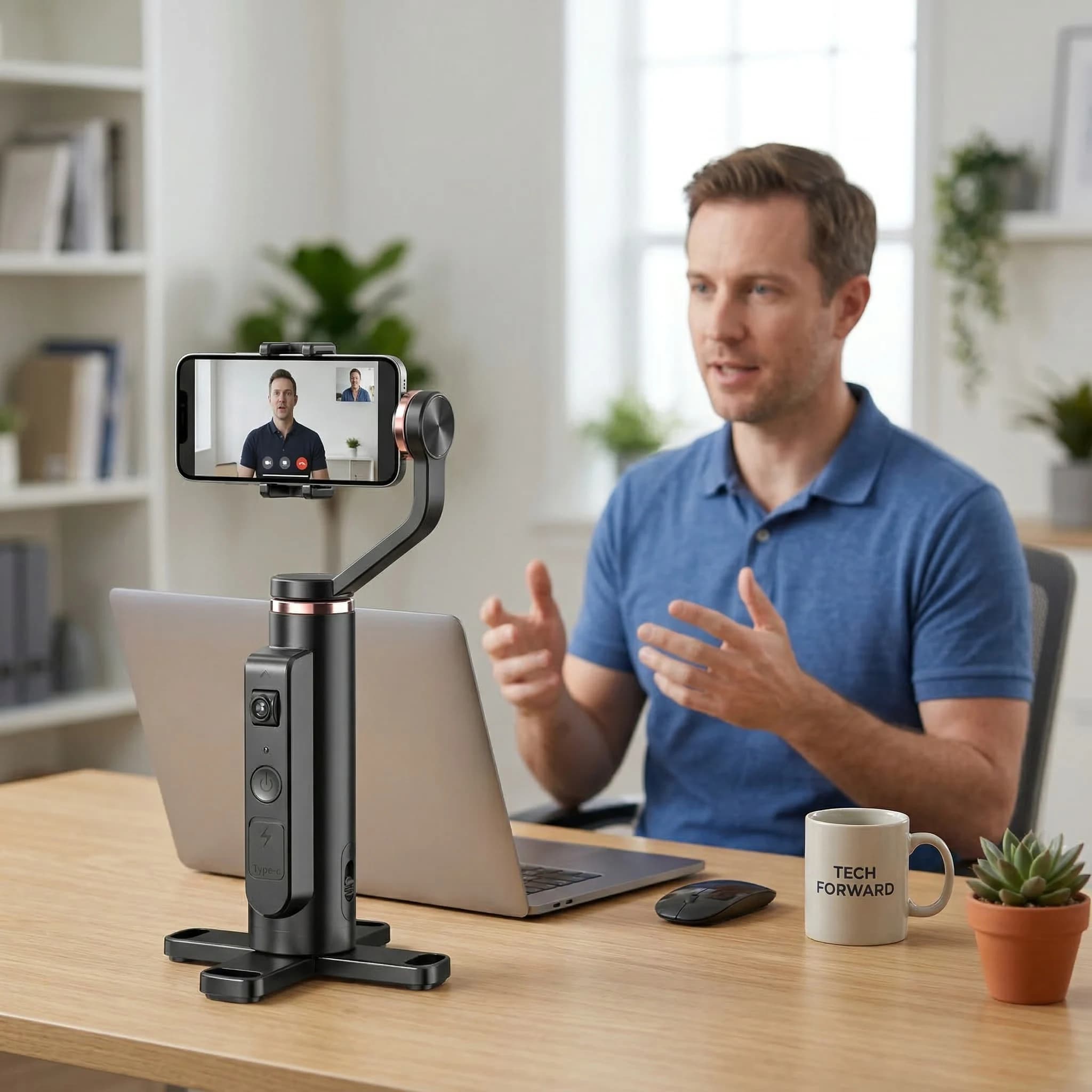 Treppiede per selfie con tracciamento del viso AI e controllo gestuale, supporto portatile per telefono con funzione auto-seguimento per iPhone e Android, ideale per live streaming.