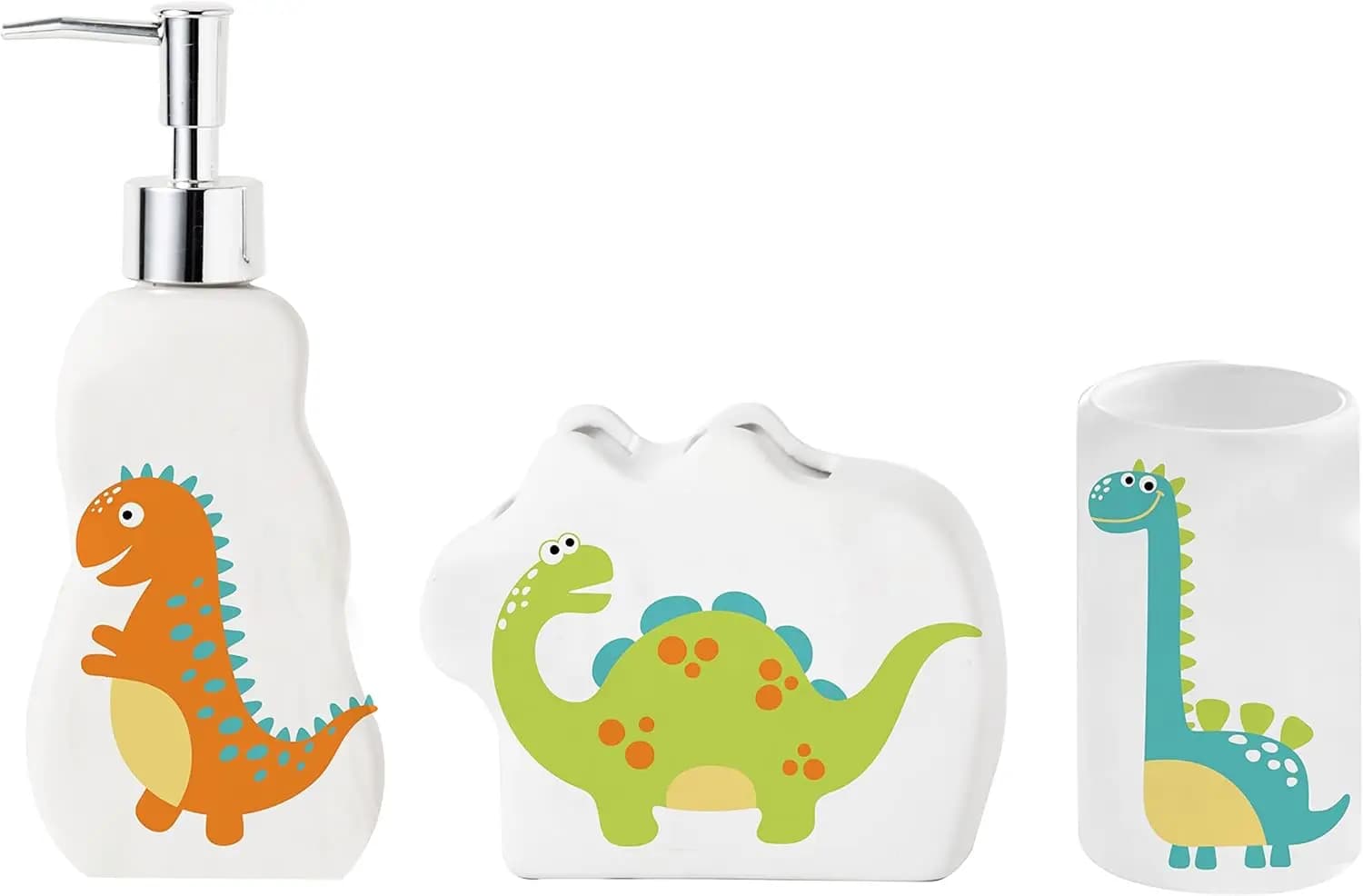Set Bagno per Bambini a Tema Dinosauro - 3 Pezzi Divertenti con Portaspazzolino, Dispenser Sapone, Bicchiere per Decorazioni Giocose