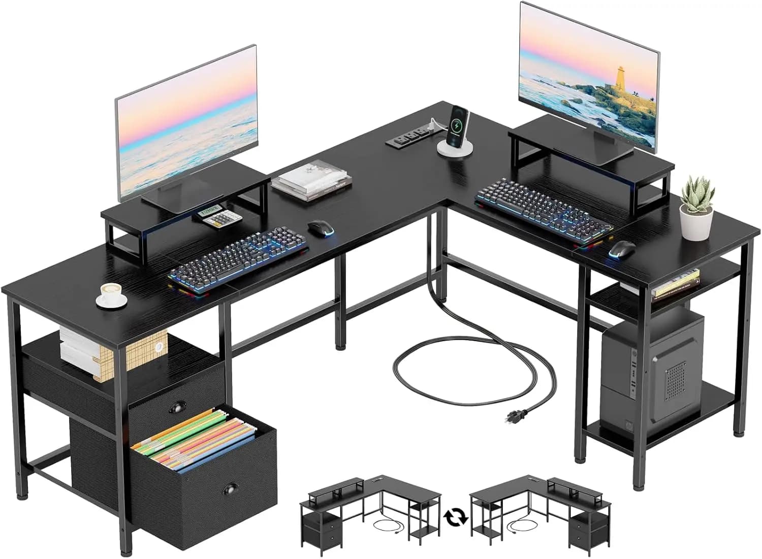 Scrivania a L da 66 pollici con presa di corrente, scrivania da gaming reversibile con cassetto porta documenti e 2 supporti per monitor per l'home office con sedia