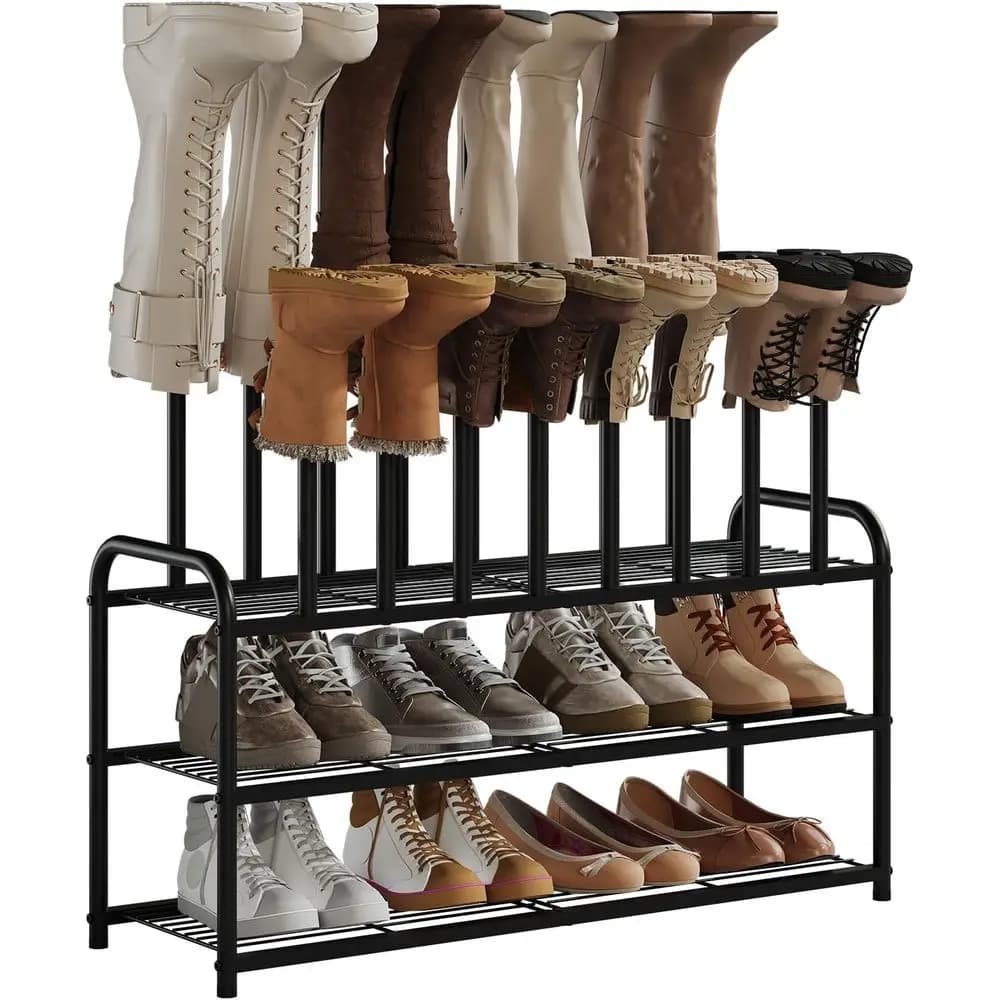 Organizzatore per Scarpe a 3 Ripiani in Metallo per Ingresso, Armadio e Garage - Contiene 8 Paia di Stivali, Sneakers e Stivali da Cowboy in Nero