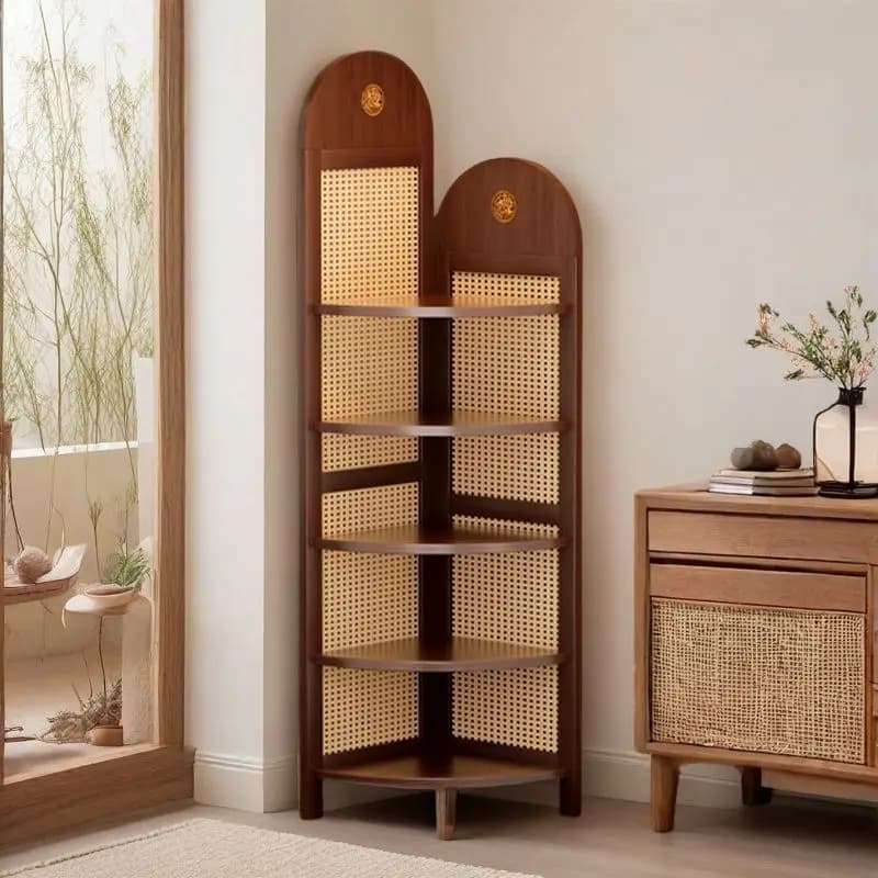 Japanese rattan screen partition living room block retro solid wood bedroom small apartment simple magazine shelf bookshelf