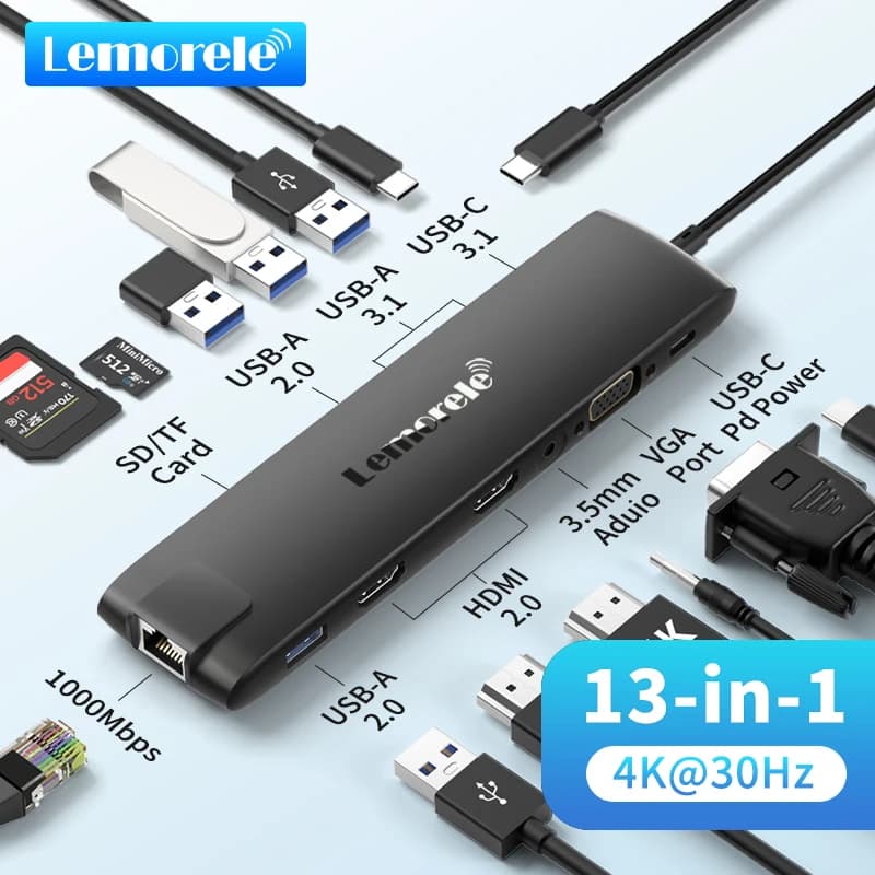 Lemorele Hub USB 4K USB C a doppia HDMI VGA Gigabit Docking Station Adattatore VGA USB 3.0 Lettori di schede SD per Windows MacBook Air