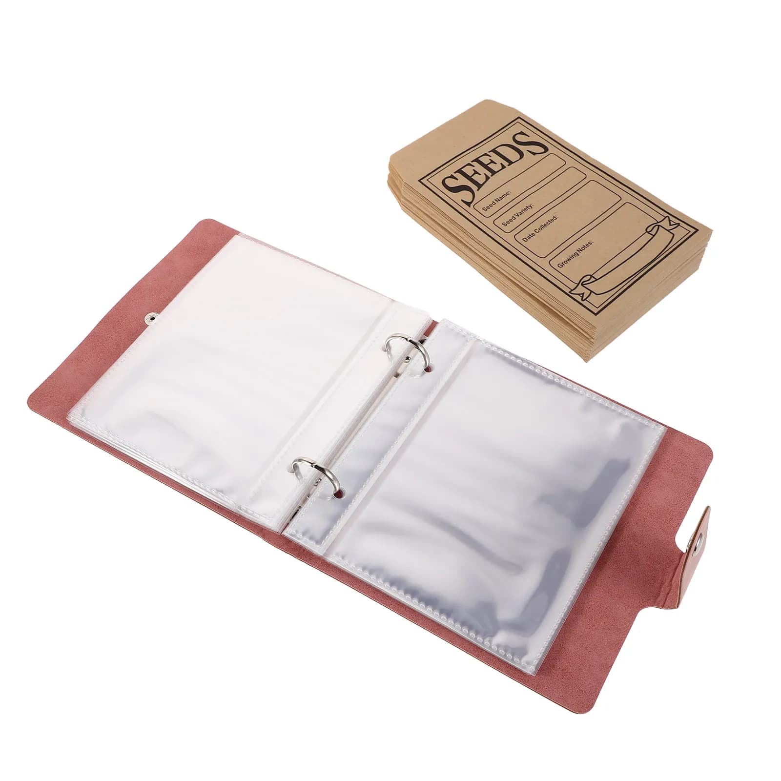 1Set Garden Seed Organizer Binder Faux Seed Packet Storage Book 25 Clear Sleeves 50 Kraft Paper Envelopes for Flower