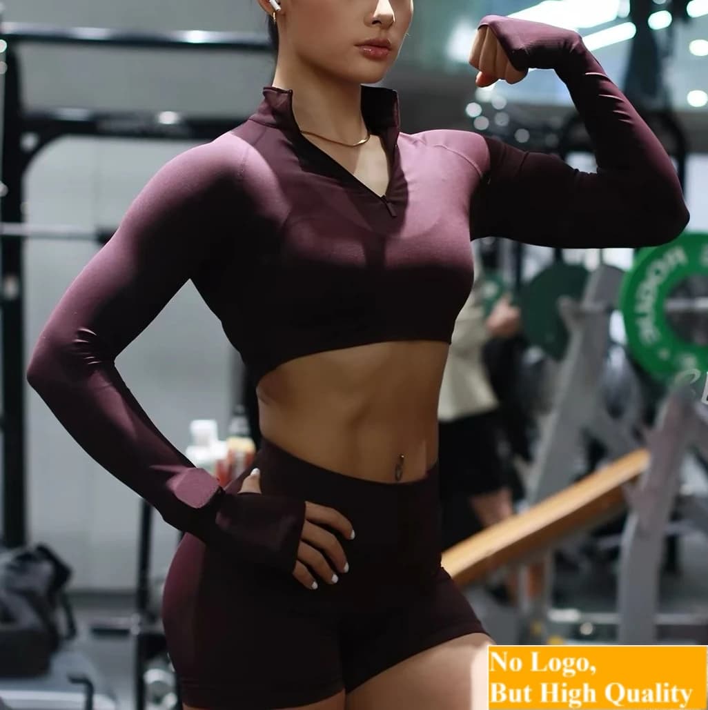 NO LOGO Women Long Sleeve Yoga Set Crop Zippy Top Longline Sports Top Gym Shorts Fitness Suits Running Workout Set Outfit