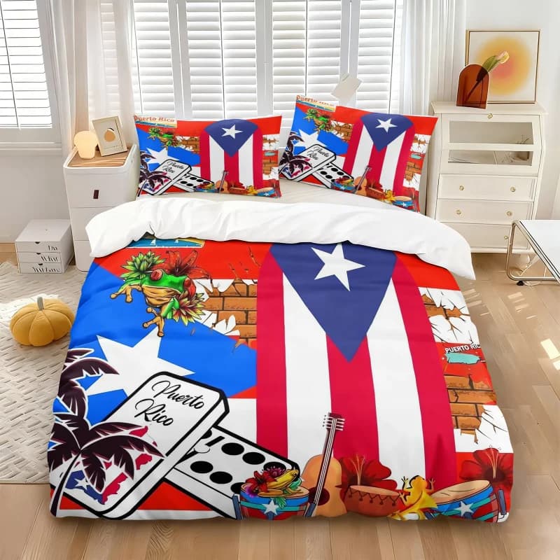 Puerto Rico Flag Duvet Cover Set Bedding Set Coqui Frog Domino Guitar Palm Print Bedding Set Caribbean Ethnic Home Decor Bed