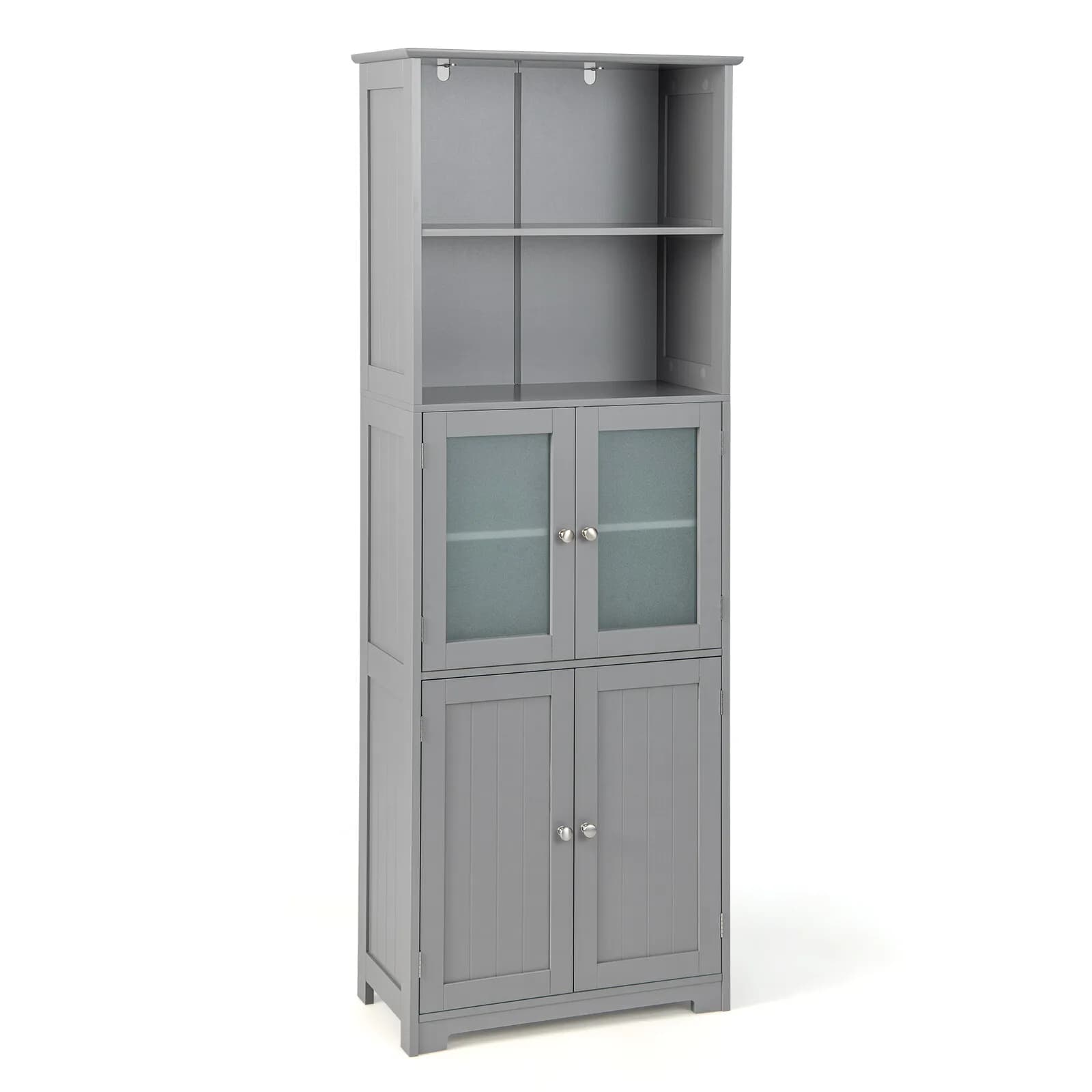 Mobiletto alto da bagno con anta in vetro e ripiano regolabile, grigio
