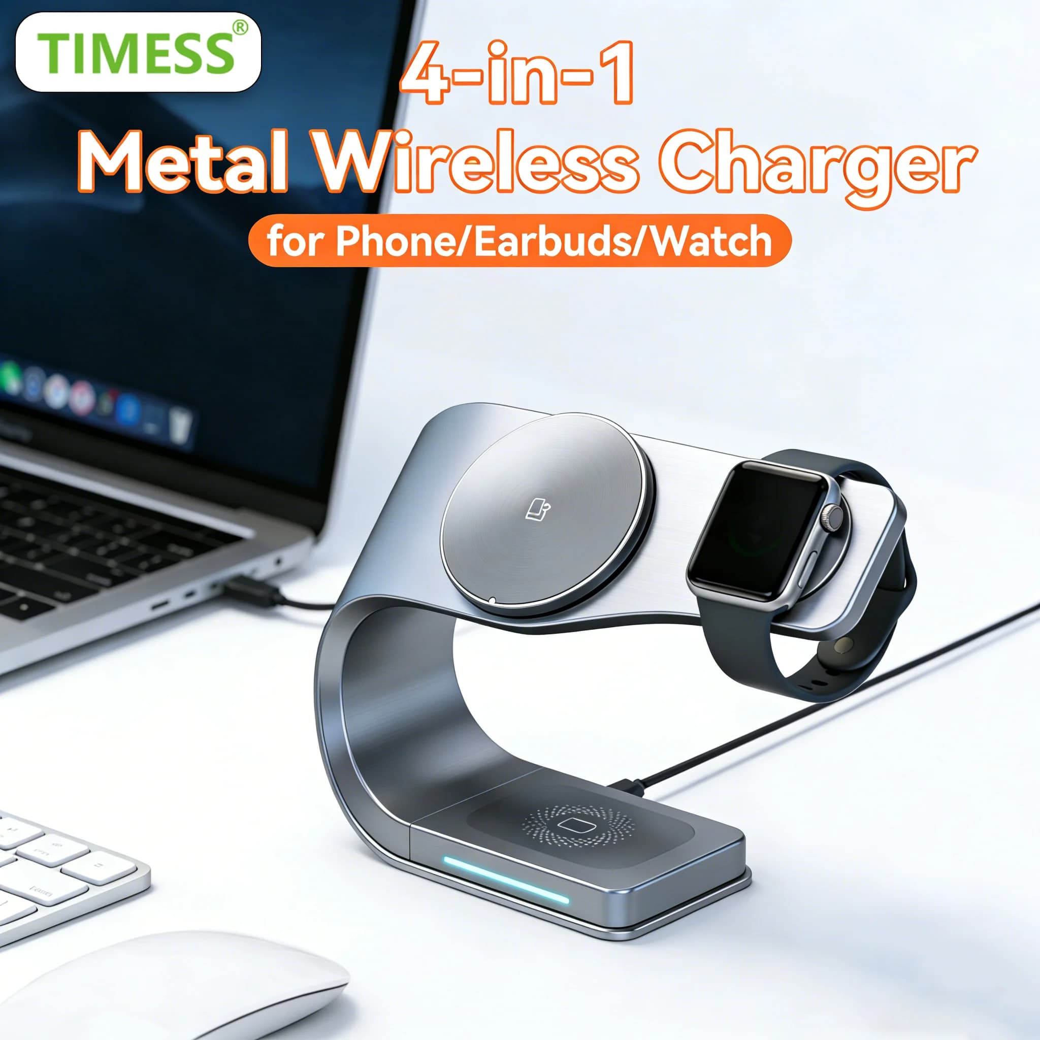 TIMESS Wireless 4-IN-1 15W Metal Charger for iPhone 17 16 15 14 PRO MAX, AirPods and Apple Watch Series 10-1 - Charging Station