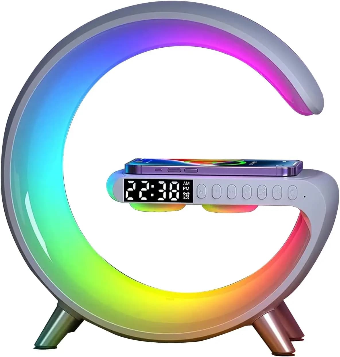 Lampada Altoparlante Bluetooth con Ricarica Wireless, Luce Notturna RGB, Sveglia e Controllo App in Bianco