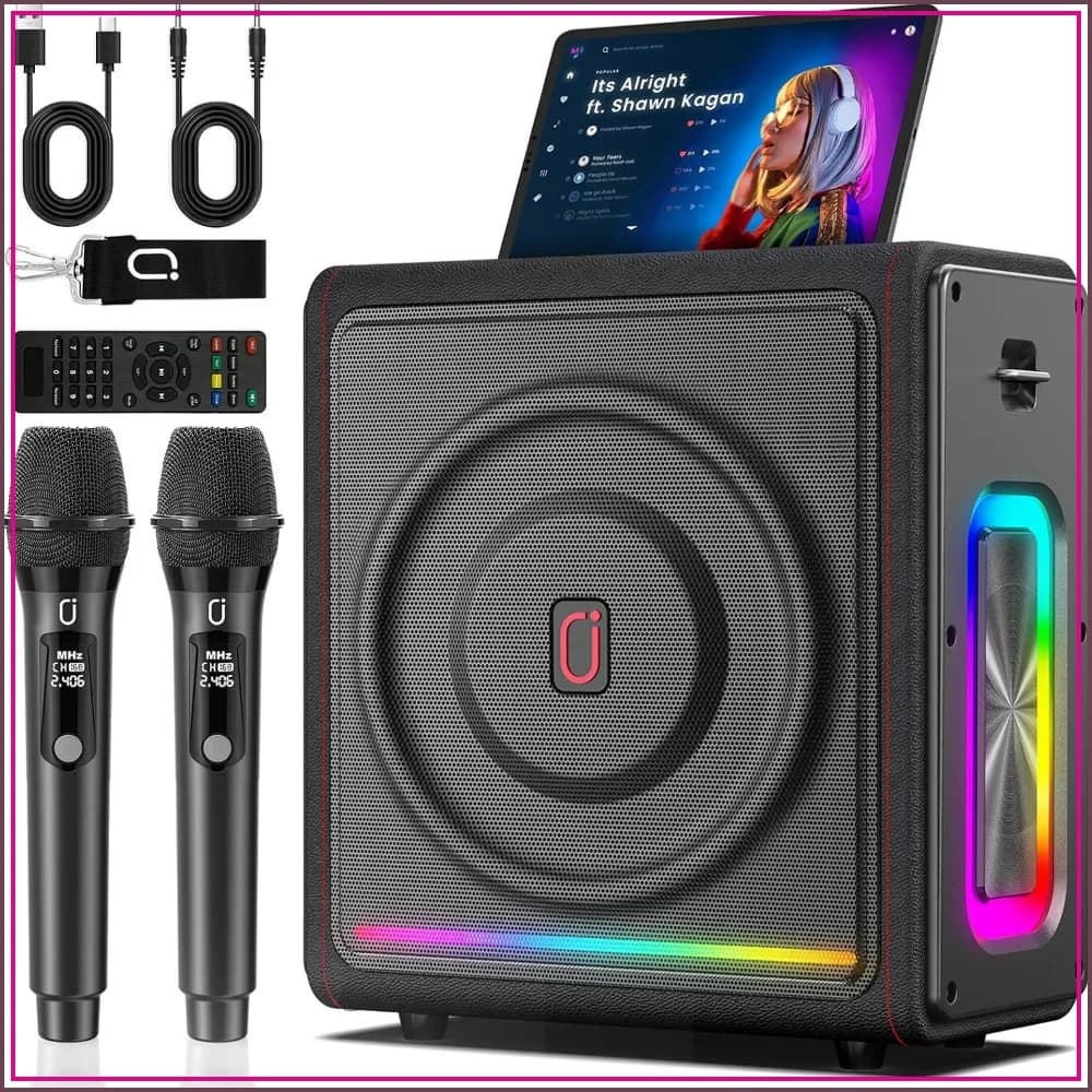 Karaoke Machine with 2 Wireless Mics, Portable Bluetooth 5.3 Speaker, Bass/Treble/Echo, PA System, Remote, TV/TF/USB/AUX/TWS