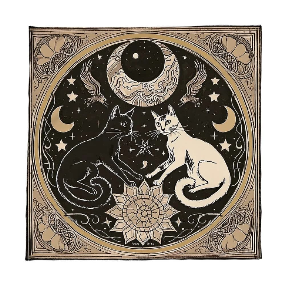 1 pz Tappeto Altare Gatti Lunari Mistici con Cielo Stellato Floreale, Telo da Tavolo per Divinazione Tarocchi, Tappetino per Tarocchi, Decorazione Casa Strega, Tappetino per Carte da Gioco
