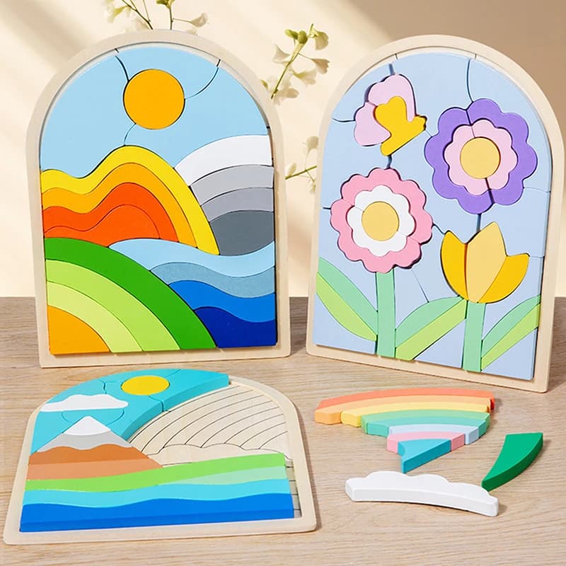 Puzzle in legno con blocchi arcobaleno Puzzle irregolari arcobaleno Forma e colore Giocattoli cognitivi Giocattoli puzzle educativi precoci
