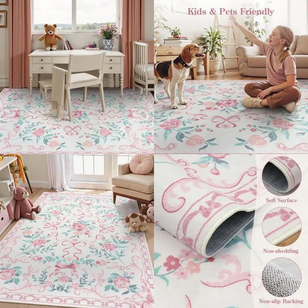 Pink Floral Carpet, Measuring 5x7, Fiocchi theme for Bedroom, Carpet Washable for Living Room, Non-slip Sotile Mat for Children's Play Room