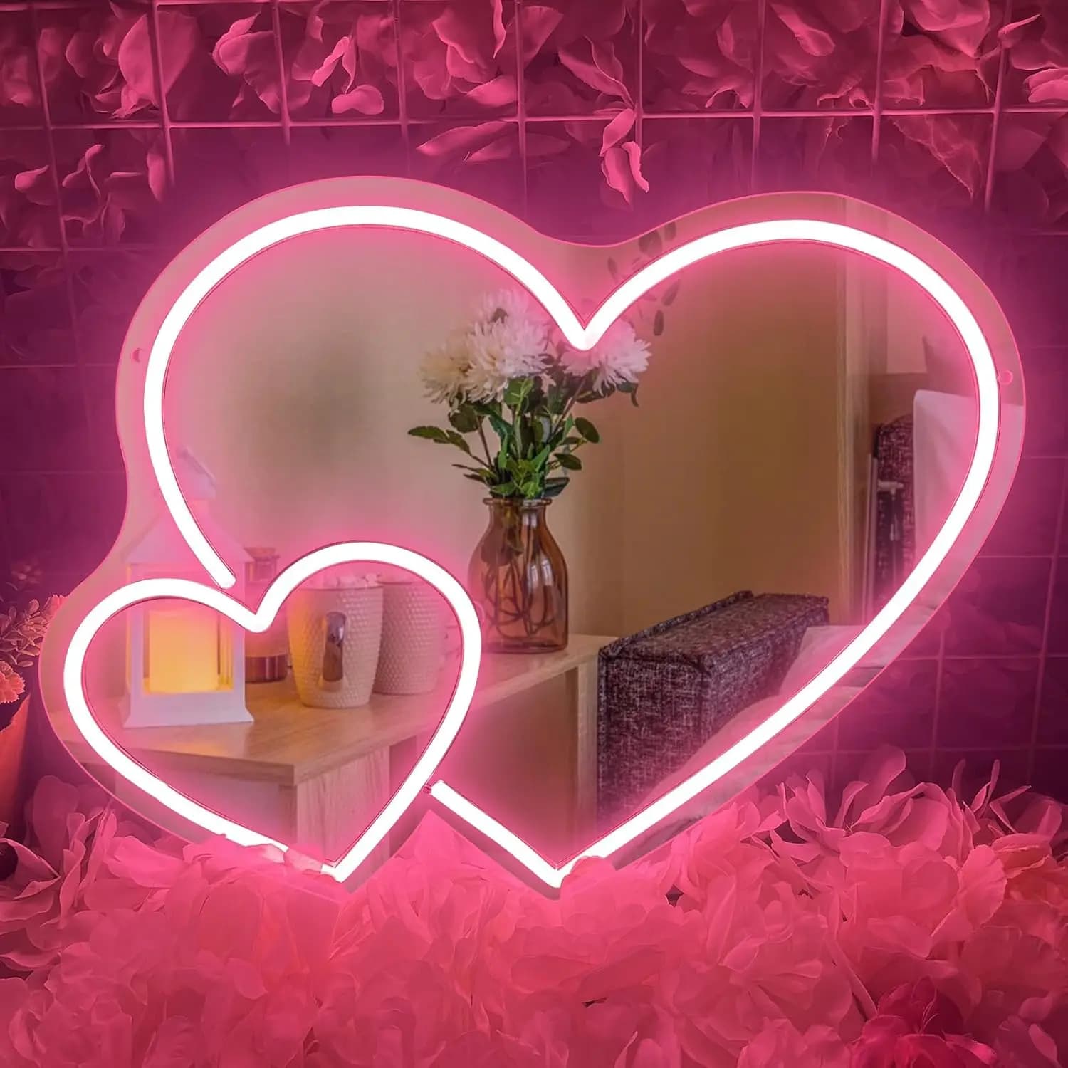 Specchio con insegna al neon a forma di cuore, dimmerabile, luce al neon d'amore, per camera da letto, camera delle ragazze, festa di compleanno, negozio in studio, specchio per il trucco dei bambini, decorazione da parete