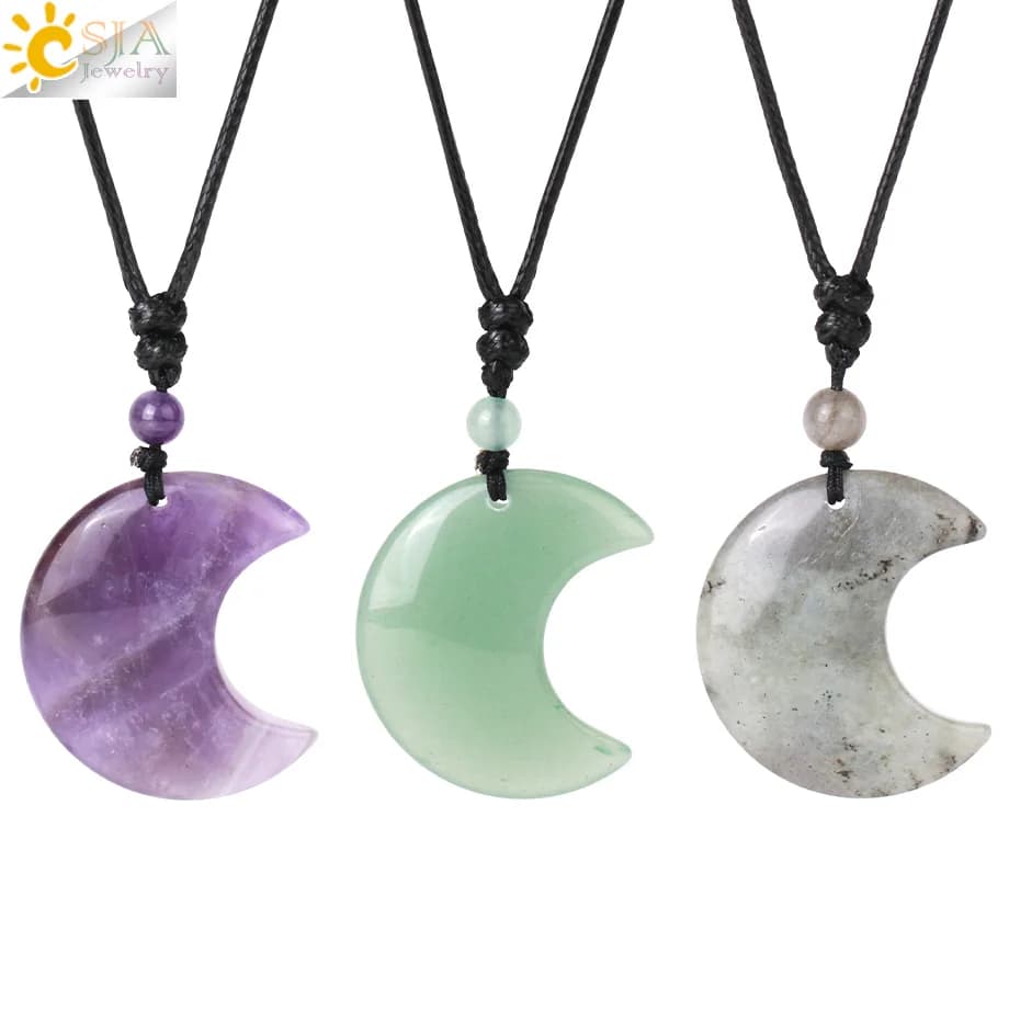 CSJA Crescent Moon collana di cristallo ciondolo in pietra naturale occhio di tigre ametiste quarzo rosa opale collana avvolgente in corda di ossidiana nera crystal pendant natural crystal necklaces stone H092