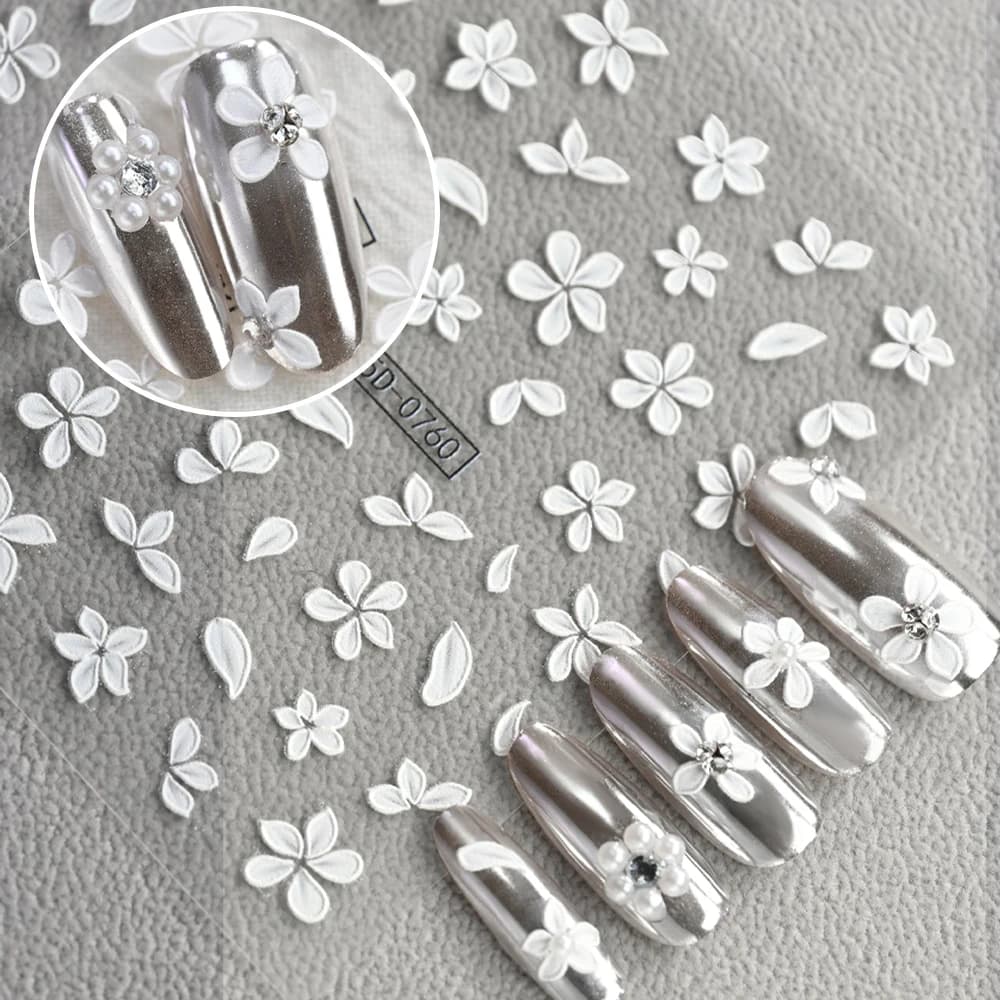 1 Pezzo Adesivo per Unghie 5D con Fiori Bianchi in Rilievo, Decorazioni per Manicure Fai-da-Te con Petali e Foglie per Uso Quotidiano e Primaverile