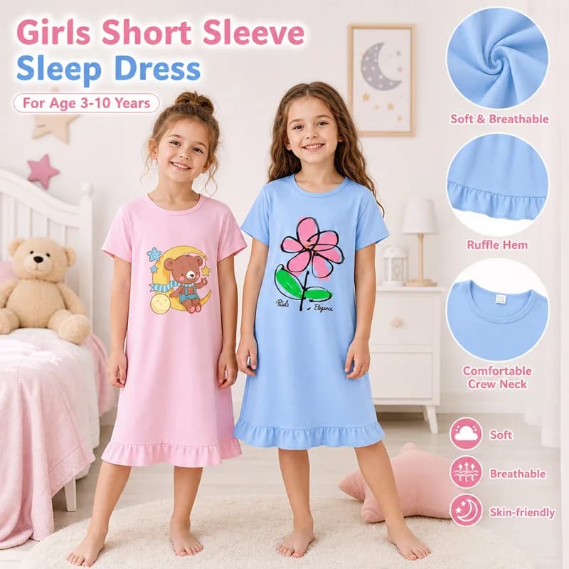 Little Hand Girls Ruffle Hem Sleep Dress Multi Styles Cartoon Print Loungewear Kids Soft Lightweight Short Sleeve Nightwear 3-10