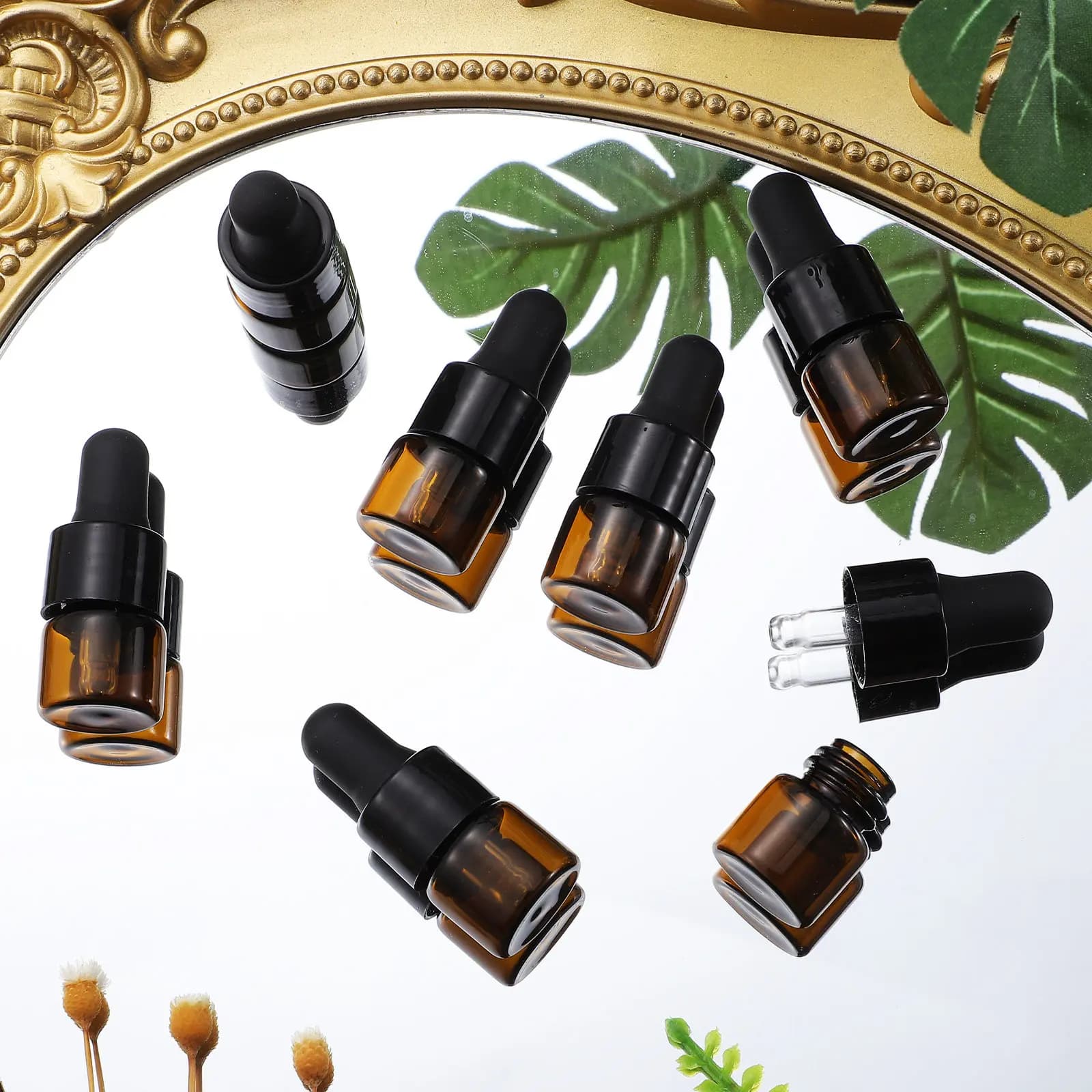 30 flaconi contagocce in vetro ambrato da 1 ml, spessi, resistenti, a prova di perdite, contenitori per oli essenziali, fiale per campioni, tappi neri