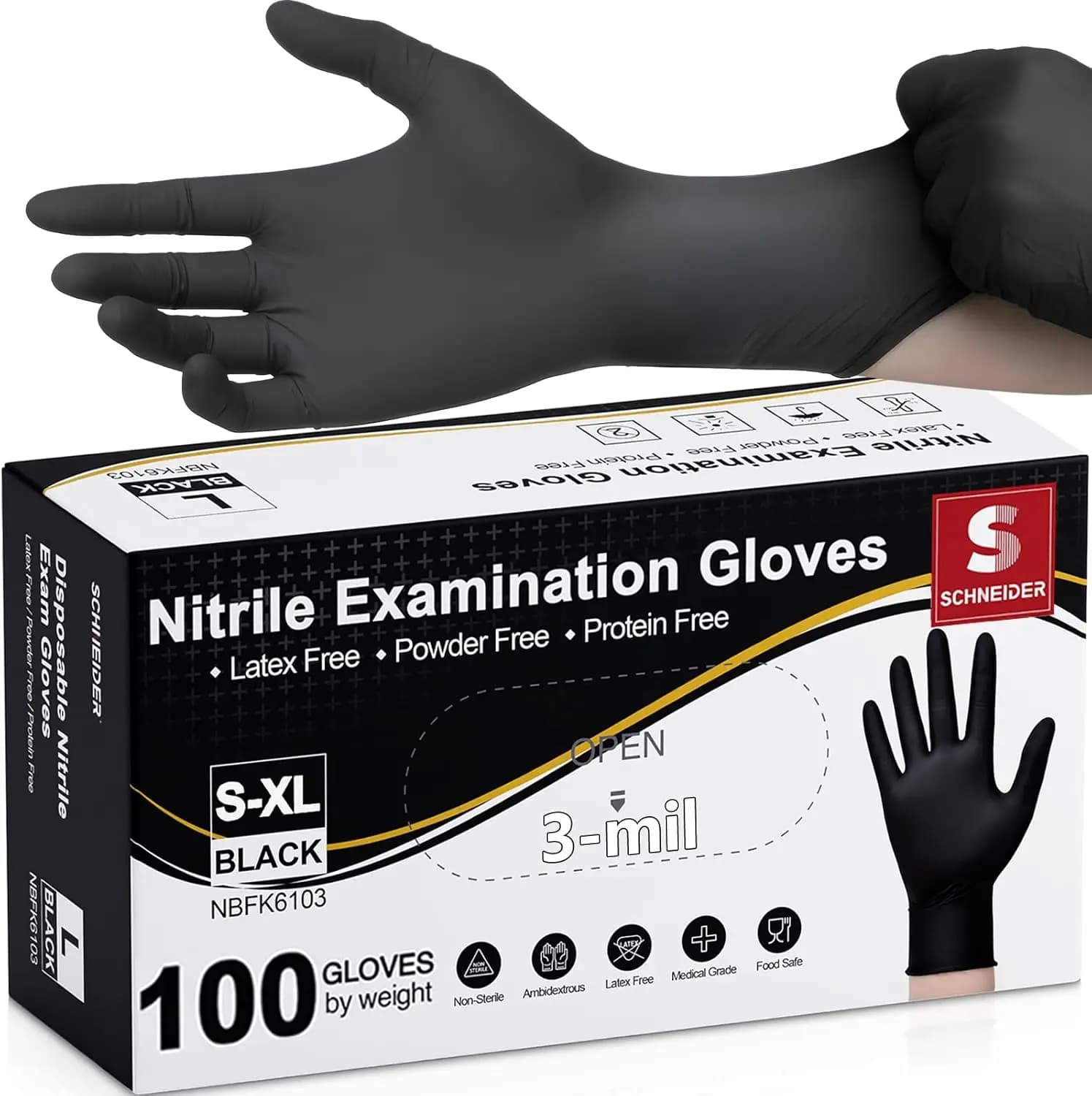 Guanti in Nitrile Neri per Esami, Senza Lattice e Senza Polvere, Monouso per Uso Medico, Cucina, Pulizia, Preparazione Alimenti