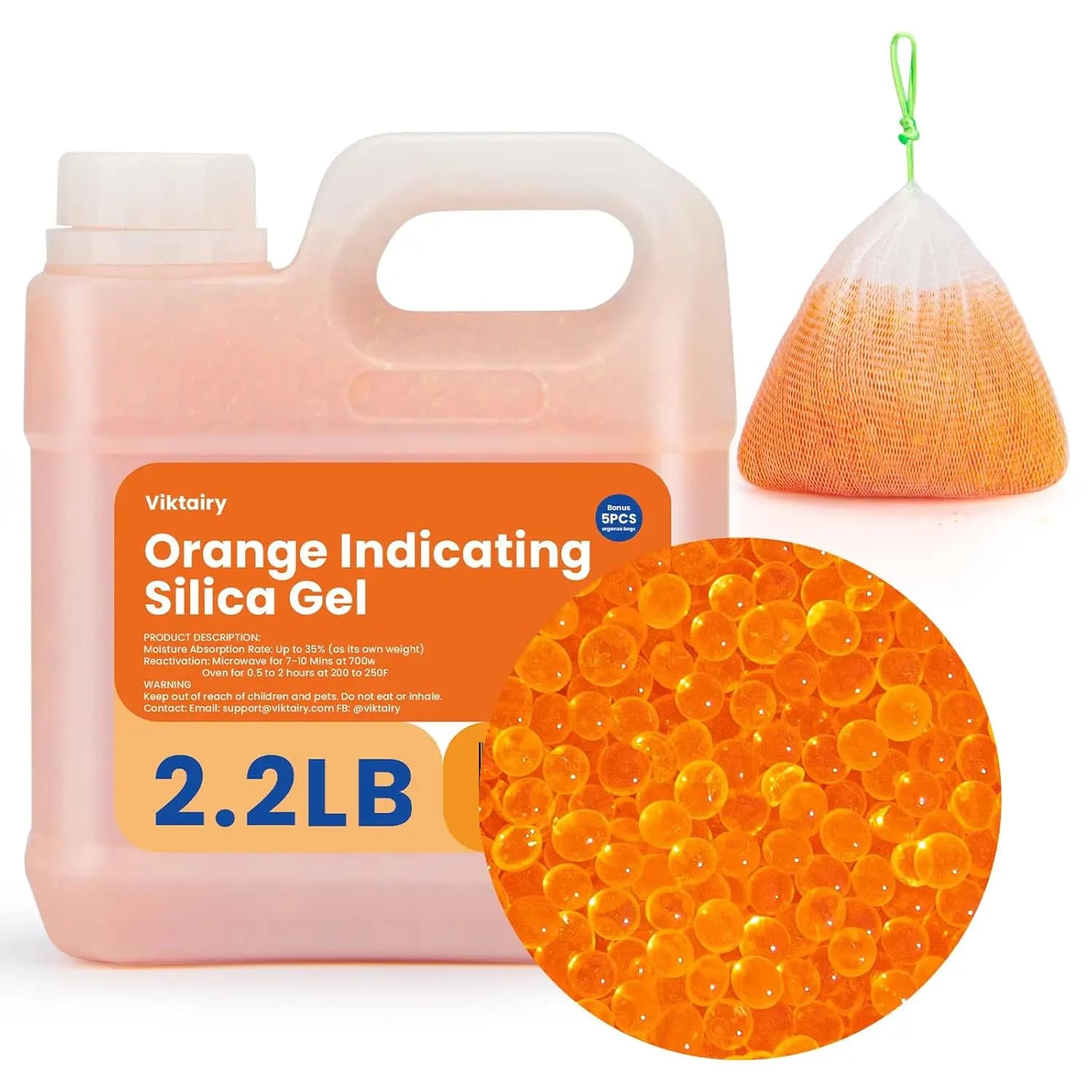 Perle Essiccanti da 2.2LBS, Perle di Gel di Silice Riutilizzabili Premium con Indicatore Arancione, Standard Industriale 3-5 mm, Deumidificante Essiccante
