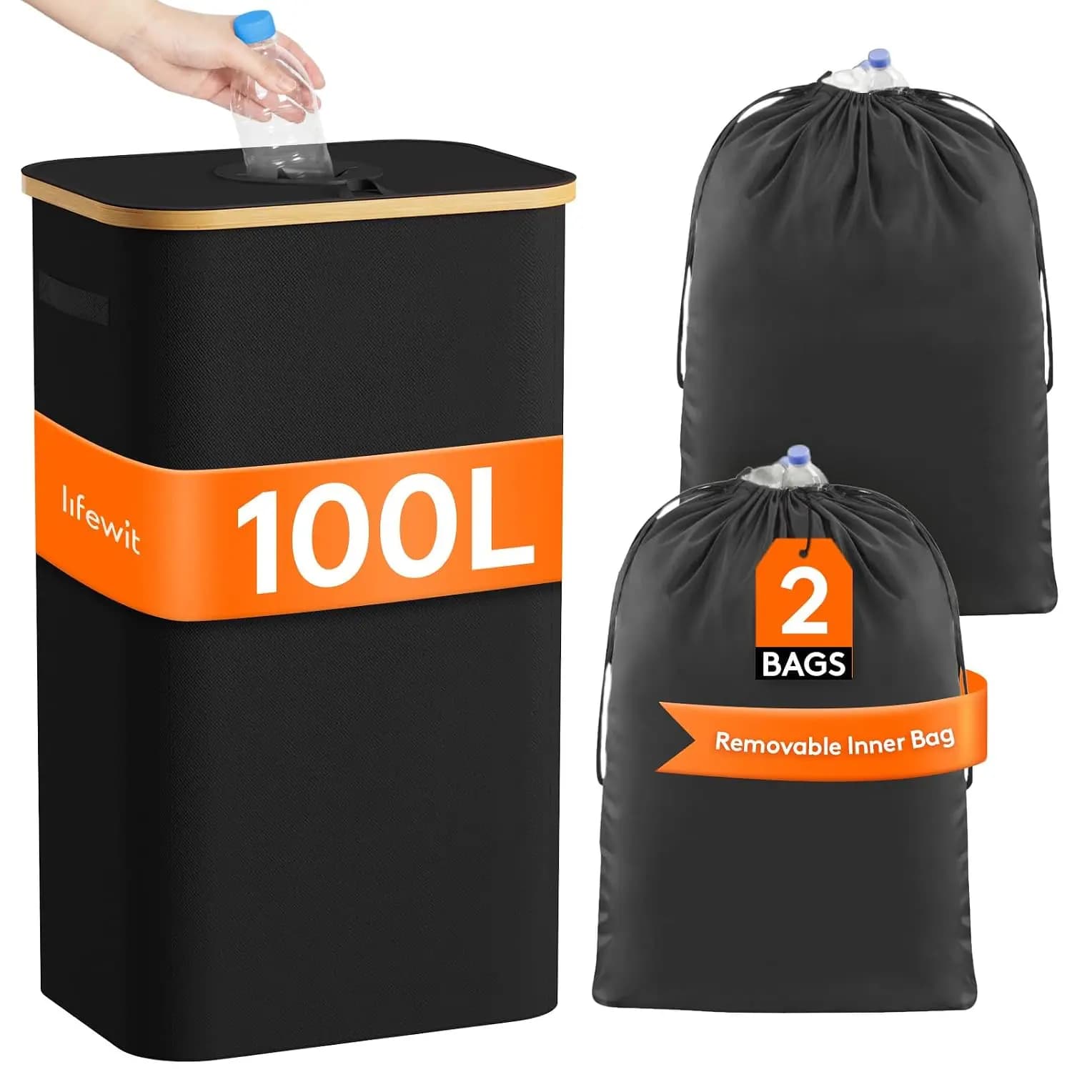 100L Large Recycling Bin with Lid and 2 Reusable Bags for Kitchen, Bottle, Can, Glass Storage, Black