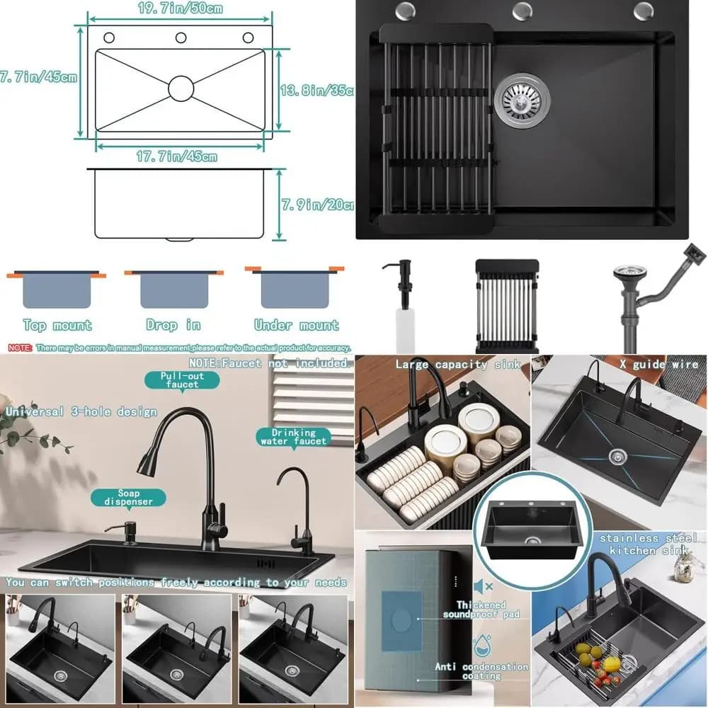 Lavello da cucina nero a vasca singola con dispenser di sapone e cestello di scarico, 19,7x17,7x7,9 pollici