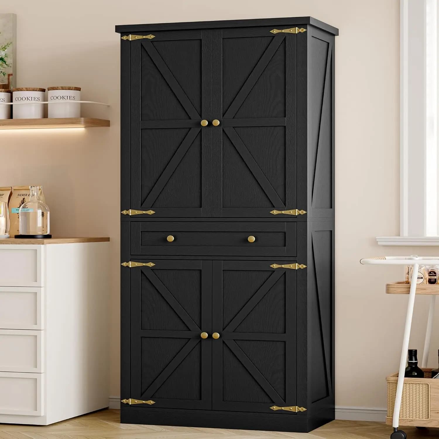 White Kitchen Cabinet with Drawers And Adjustable Shelf Barn Door Style Tall Pantry Organizer for Bedroom Furniture Home Storage