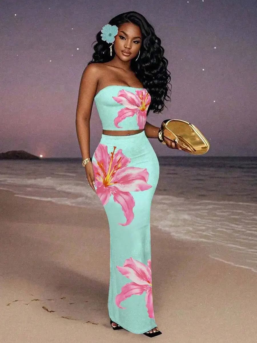 Mint Green Floral Print Strapless Crop Top And Maxi Skirt Set Women Summer Bohemian Resort Wear