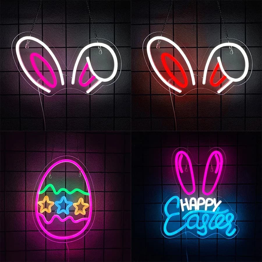 Regali di Pasqua, Insegna al neon a LED Happy Easter, icona con orecchie di coniglio e uovo, utilizzabile per camera da letto, finestra di casa, soggiorno, decorazioni artistiche per l'ufficio.