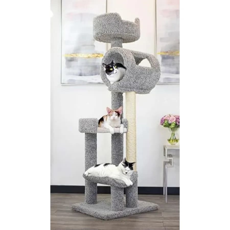 Torre per Gatti in Legno Massello Grigio, Albero per Gatti per Uso Domestico con Materiale Resistente e Design Elegante
