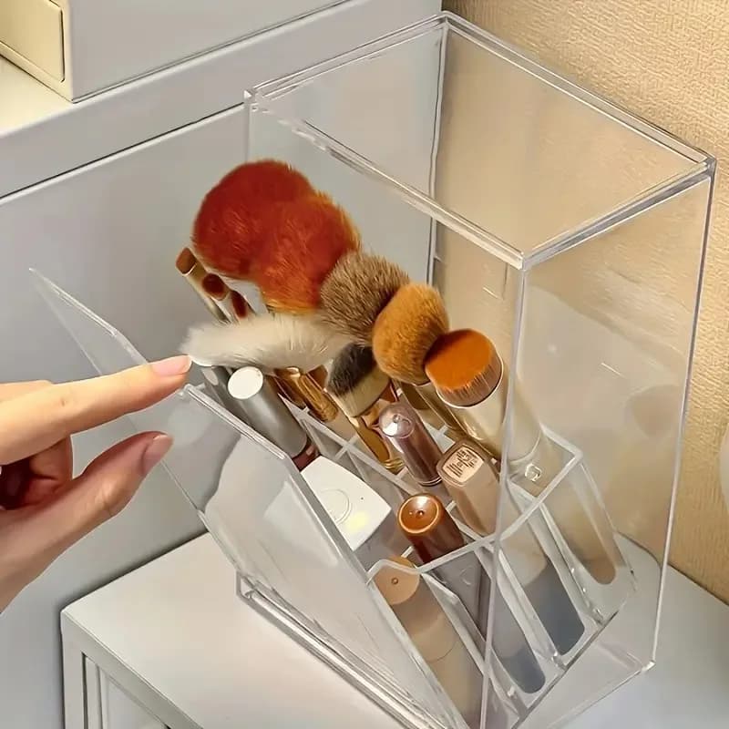 Porta pennelli per trucco trasparente ribaltabile Scatola portaoggetti per cosmetici Organizzatore da tavolo antipolvere per pennelli e accessori