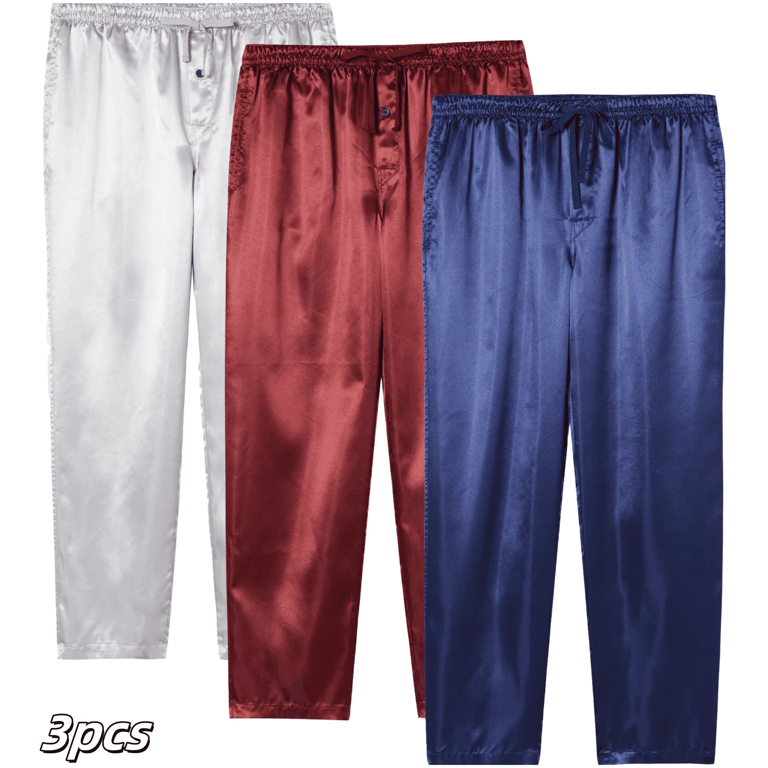 Pantaloni pigiama da uomo 3 pezzi in raso autunnale comodi con elastico in vita e tasche indumenti da notte casual in tinta unita