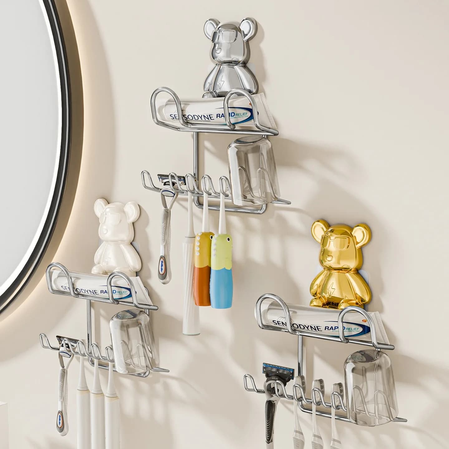 Portaspazzolino da parete in acciaio inossidabile senza foratura, porta dentifricio e porta bicchieri, con design a orsetto