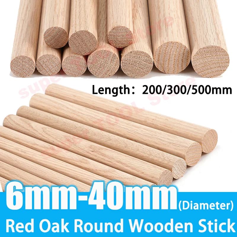 1-20 Pezzi Barra Rotonda in Rovere Rosso, Asta in Legno Massello per Appendiabiti, Barra Modellante per Corpo, Diametro da 6mm a 40mm, Lunghezza da 200mm a 500mm
