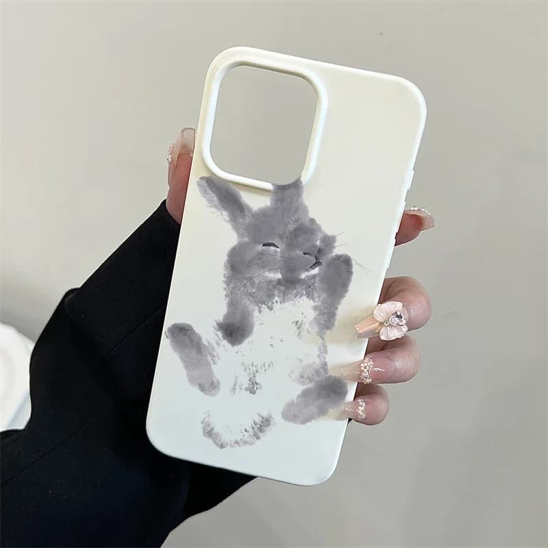 Splashing Ink Oil Painting Cute Grey Rabbit Art Design Phone Case For iPhone 17 AIR 16 E 15 14 13 PRO MAX PLUS Dustproof Cover