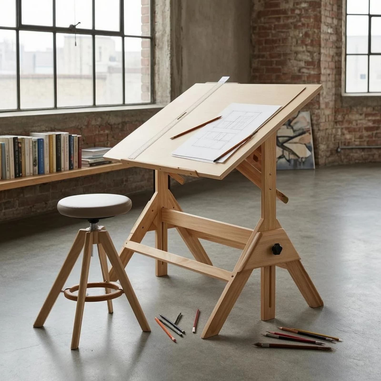 Wooden Drafting Table with Tilting Tabletop T-square Included Adjustable Angle Drawing Table for Creative Projects