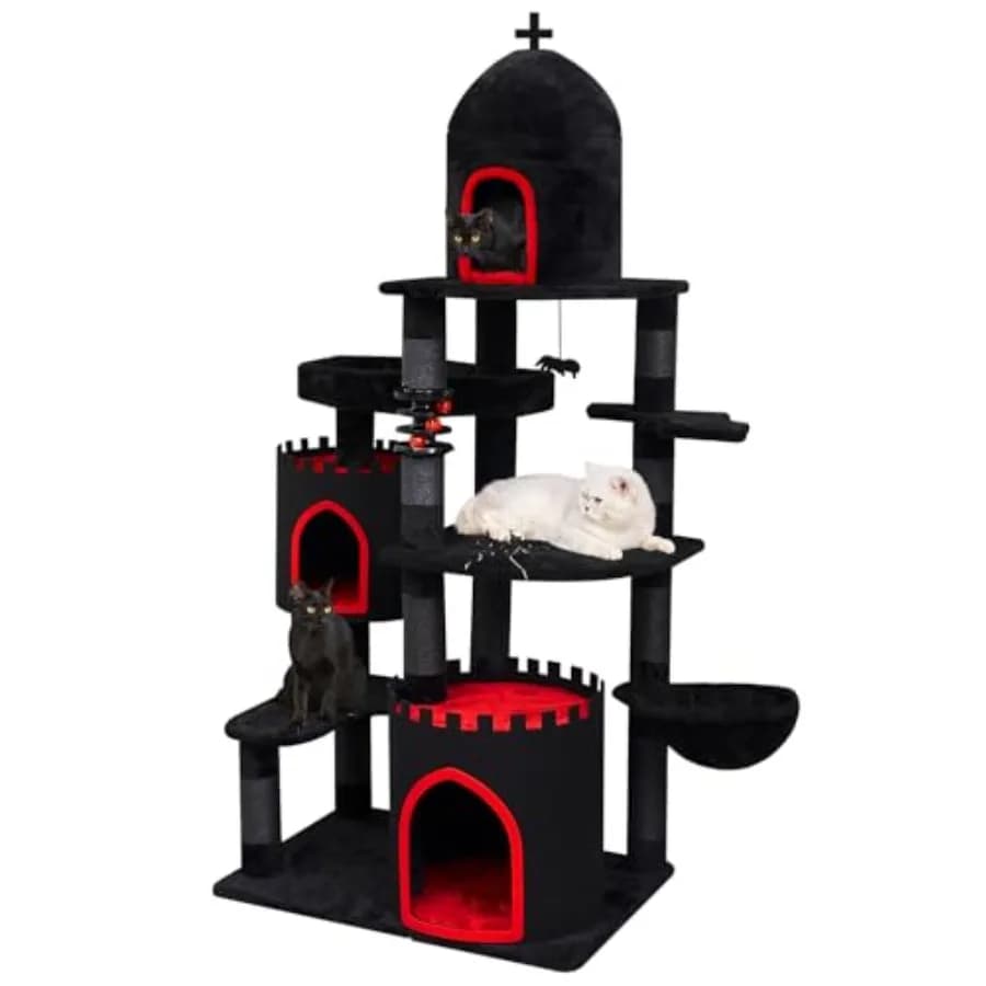Albero per Gatti Gotico a Forma di Castello, 175 cm, Nero, con Letto a Bara per Gatti Grandi, Spazioso Condo per Gatti con Tiragraffi